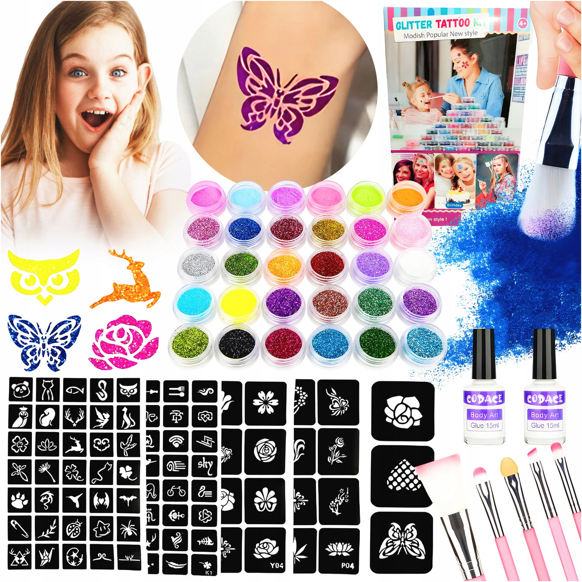 2 LARGE TATTOO MAKING KITS 240 STENCILS GLITTER WASHABLE GLITTER