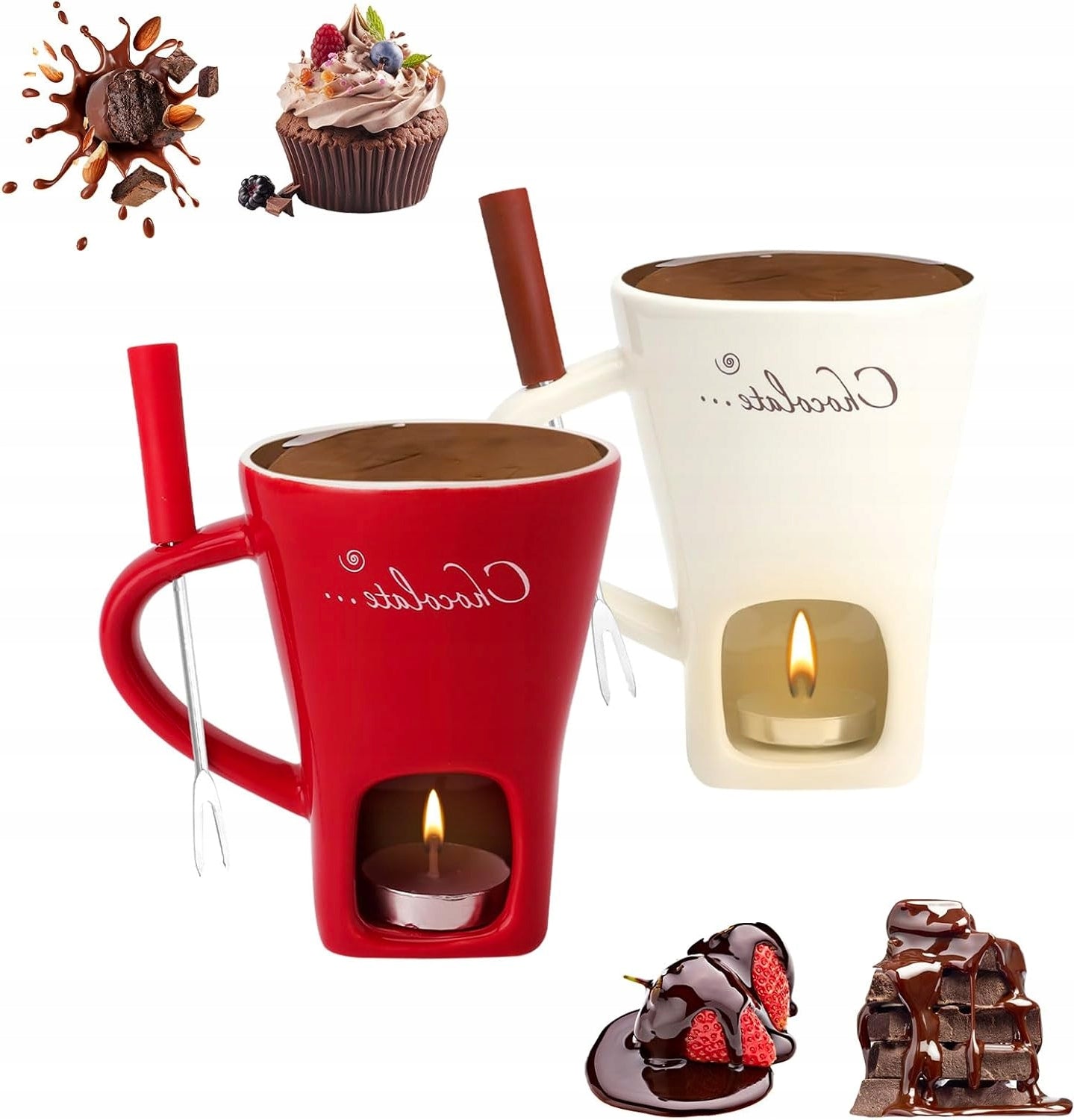2 PCS FONDUE SET WITH CERAMIC MUG 130ML AND TEALIGHT FORKS