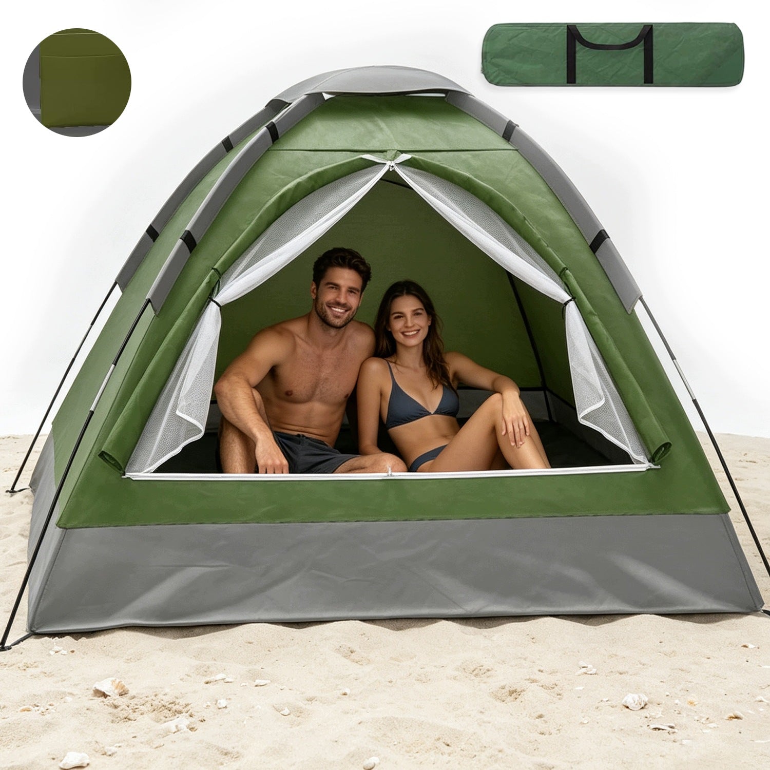 2-Person Tent Green-Grey With Mosquito Net For Camping And Hiking