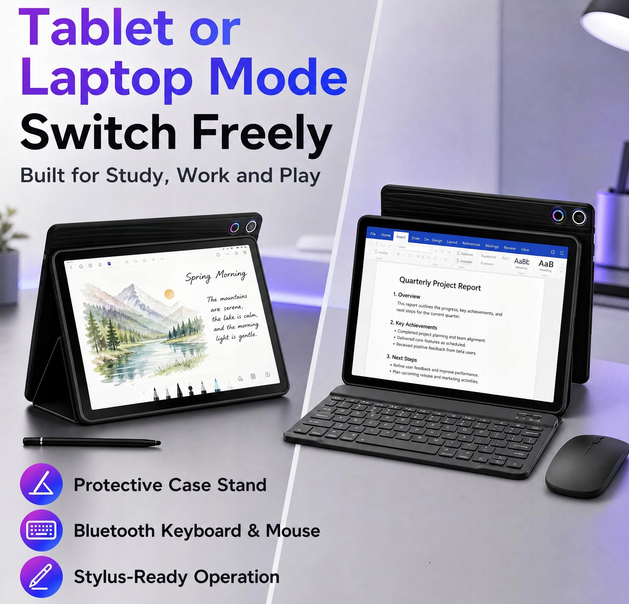 2-in-1 Android 16 Tablet 10.1'' 64GB+1TB Expand WiFi Keyboard Mouse Stylus Charger included yes