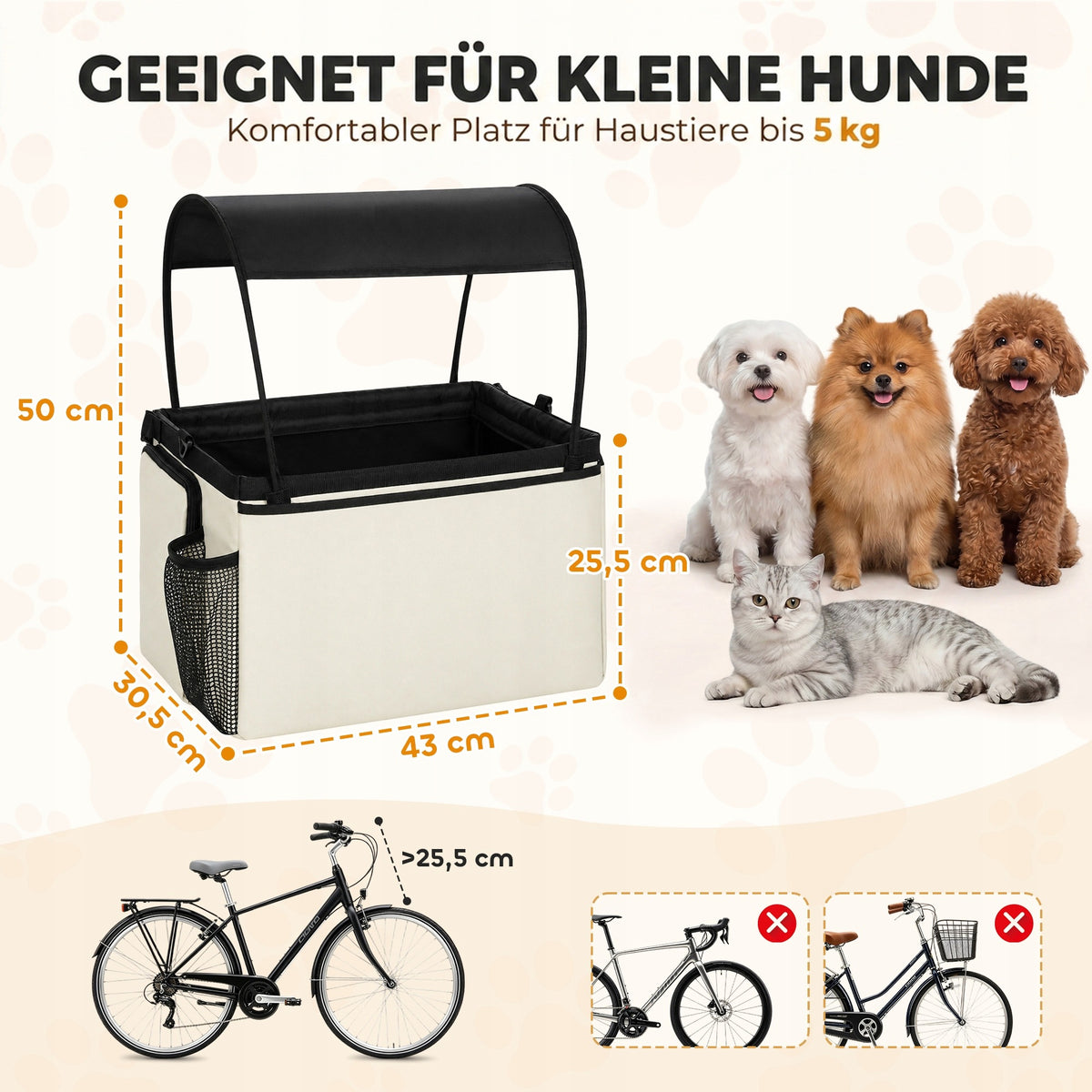2-in-1 Dog Bike Basket with Canopy 43 x 30,5 x 25,5 cm Creamy White Manufacturer code D00-257V00CW