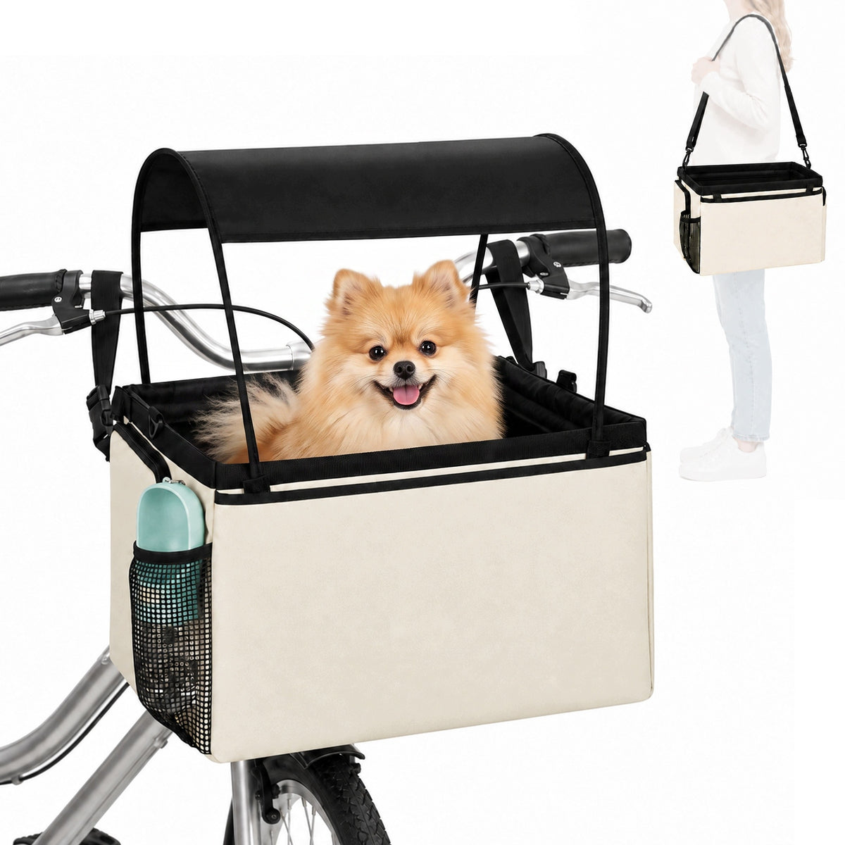 2-in-1 Dog Bike Basket with Canopy 43 x 30,5 x 25,5 cm Creamy White