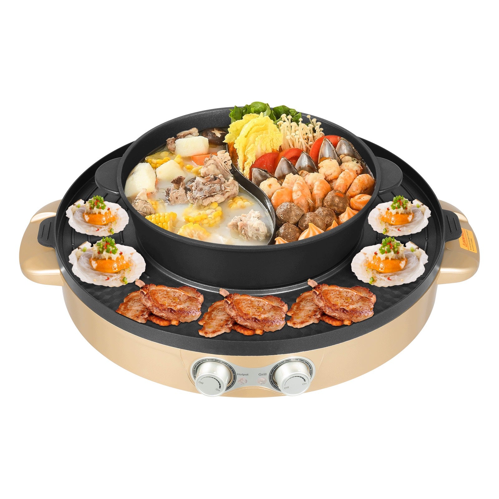 2200W ELECTRIC HOT POT GRILL 44CM, DUAL COMPARTMENT BBQ STOVE GOLD 220V