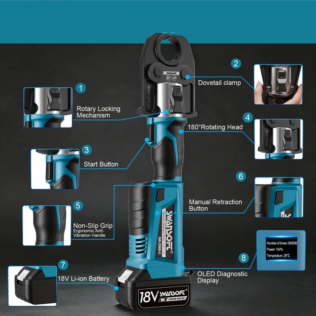 22kN Cordless Press Tool TH16/TH20/TH26/TH32 for PEX-AL-PEX & HVAC Pipes Brand Swansoft