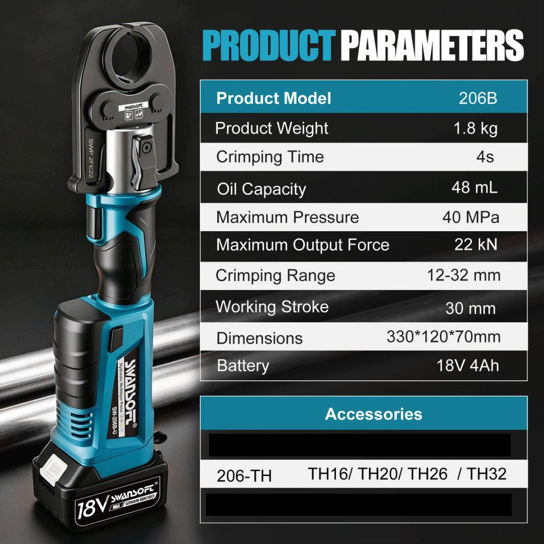22kN Cordless Press Tool TH16/TH20/TH26/TH32 for PEX-AL-PEX & HVAC Pipes