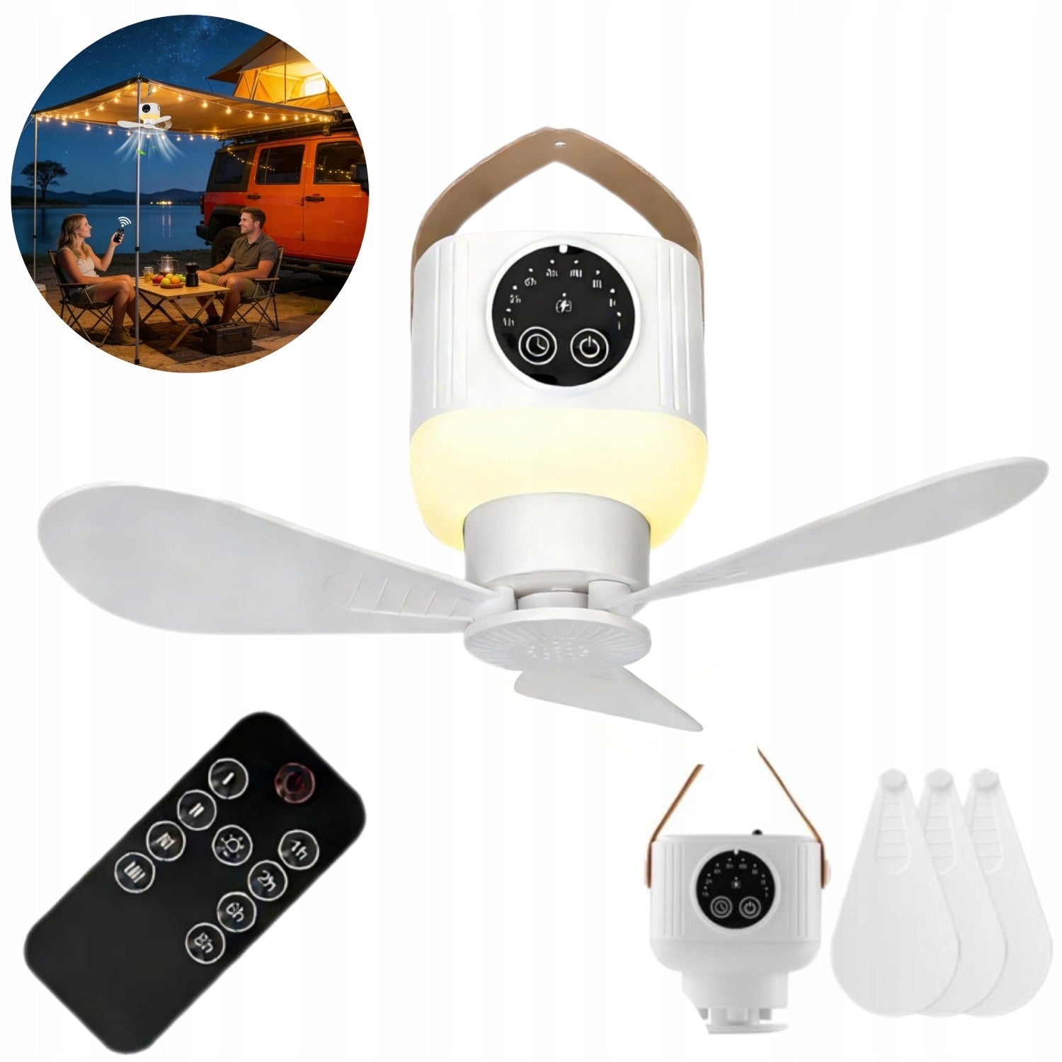 23.5CM CAMPING LED CEILING FAN WITH USB-C REMOTE CONTROL 4SPEEDS WITH WHITE
