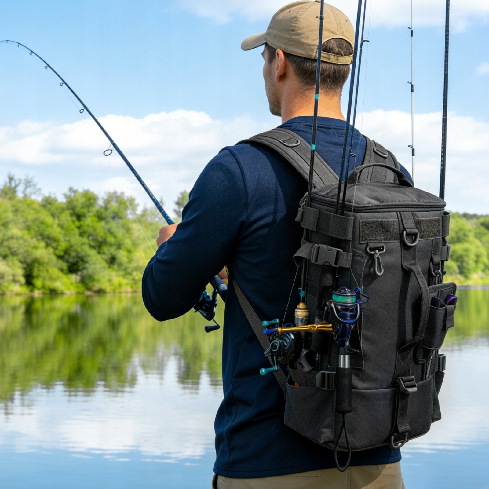 25L Fishing Backpack - Lure Bag with Rod Holder - Tackle Backpack Packaging status original