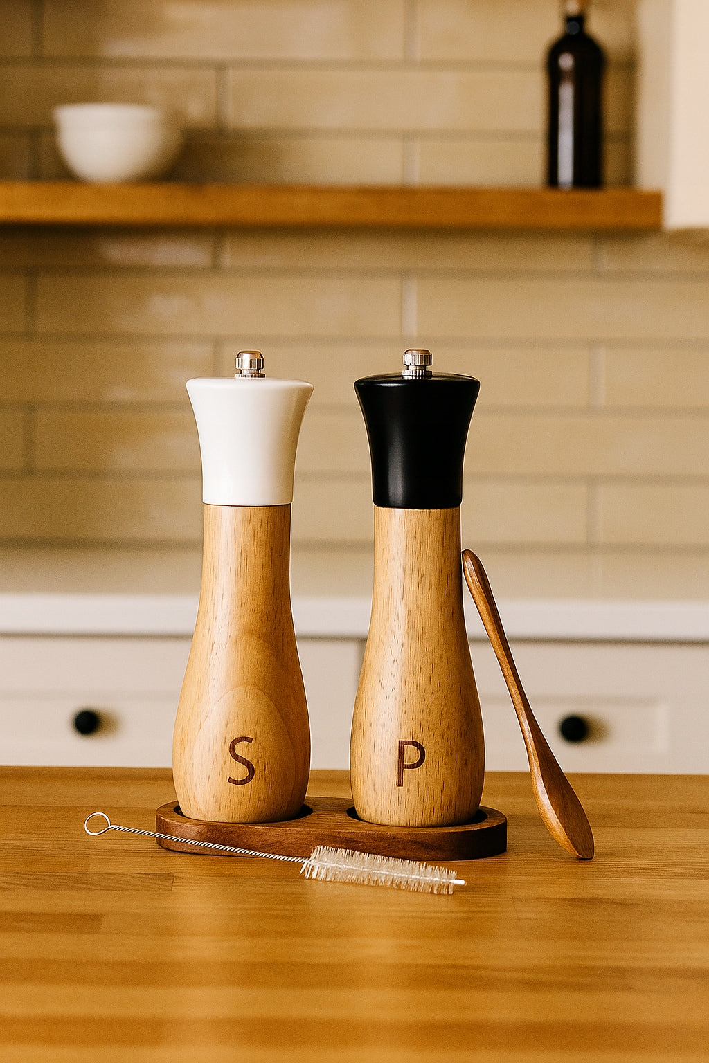 2×Handheld Wooden Salt and Pepper Grinder Set with Stand and Spoon Manufacturer code HG111031