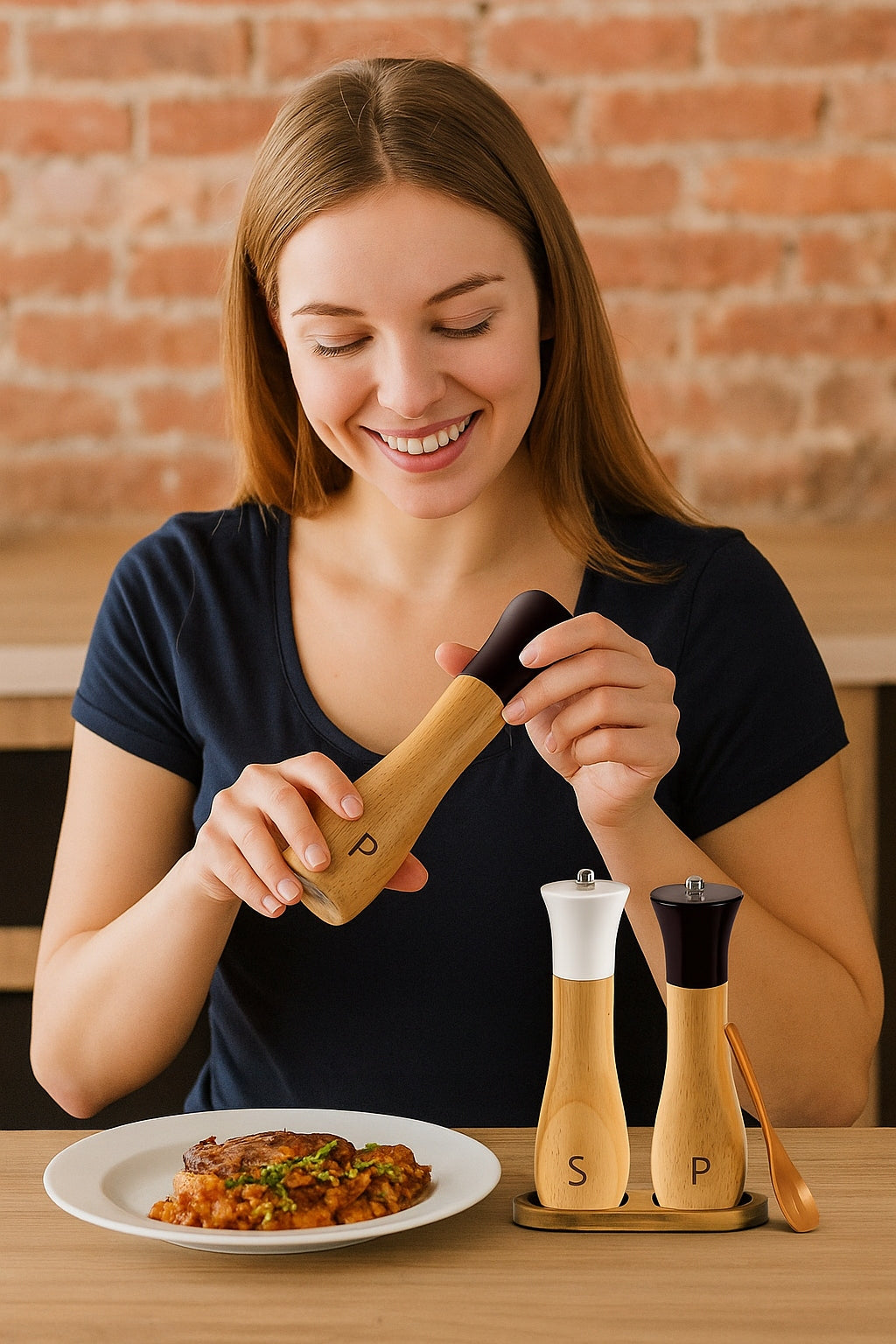 2×Handheld Wooden Salt and Pepper Grinder Set with Stand and Spoon Packaging status original