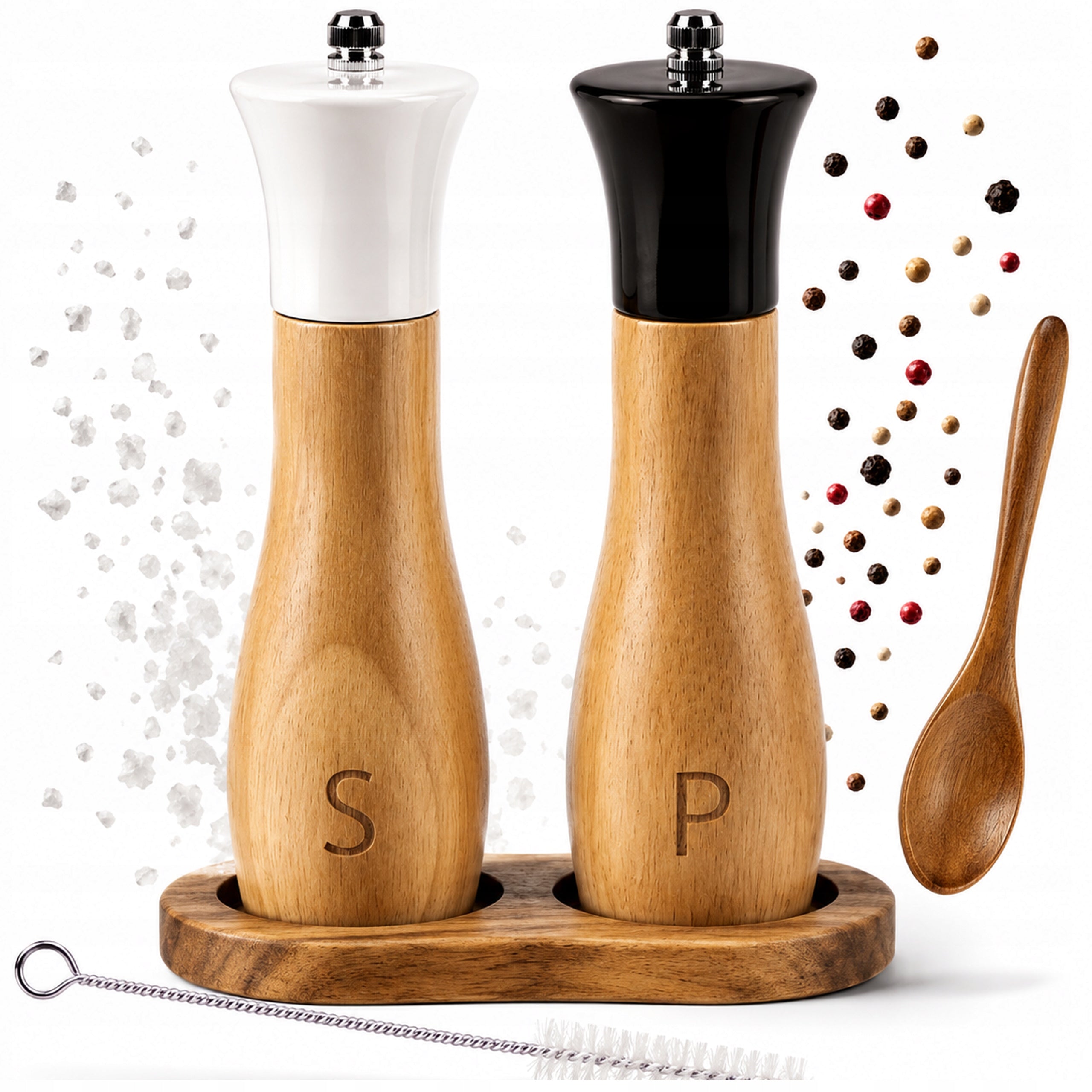 2×Handheld Wooden Salt and Pepper Grinder Set with Stand and Spoon