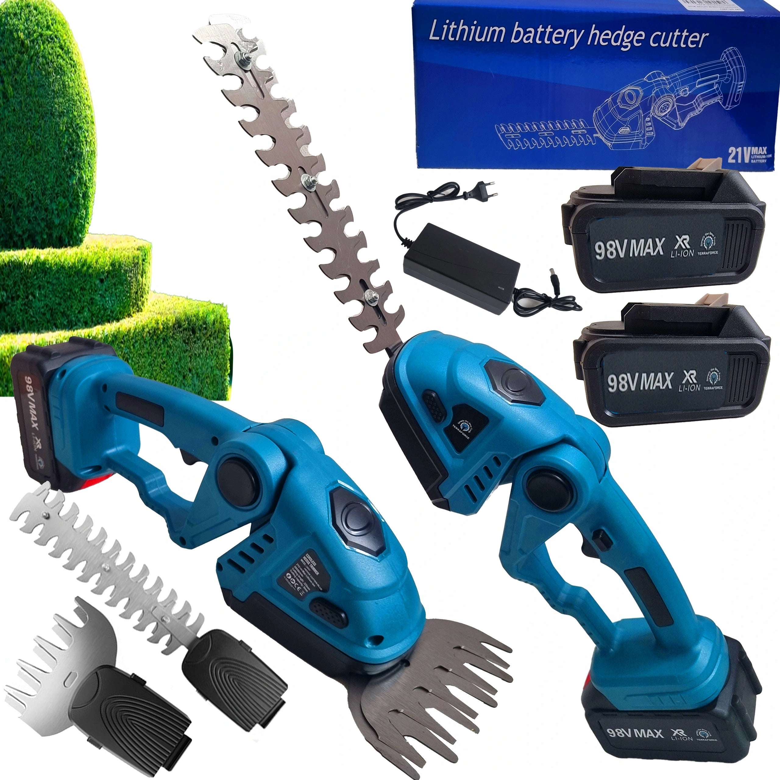 2IN1 CORDLESS GARDEN HEDGE TRIMMER FOR GRASS 2 BATTERIES 21V 3A