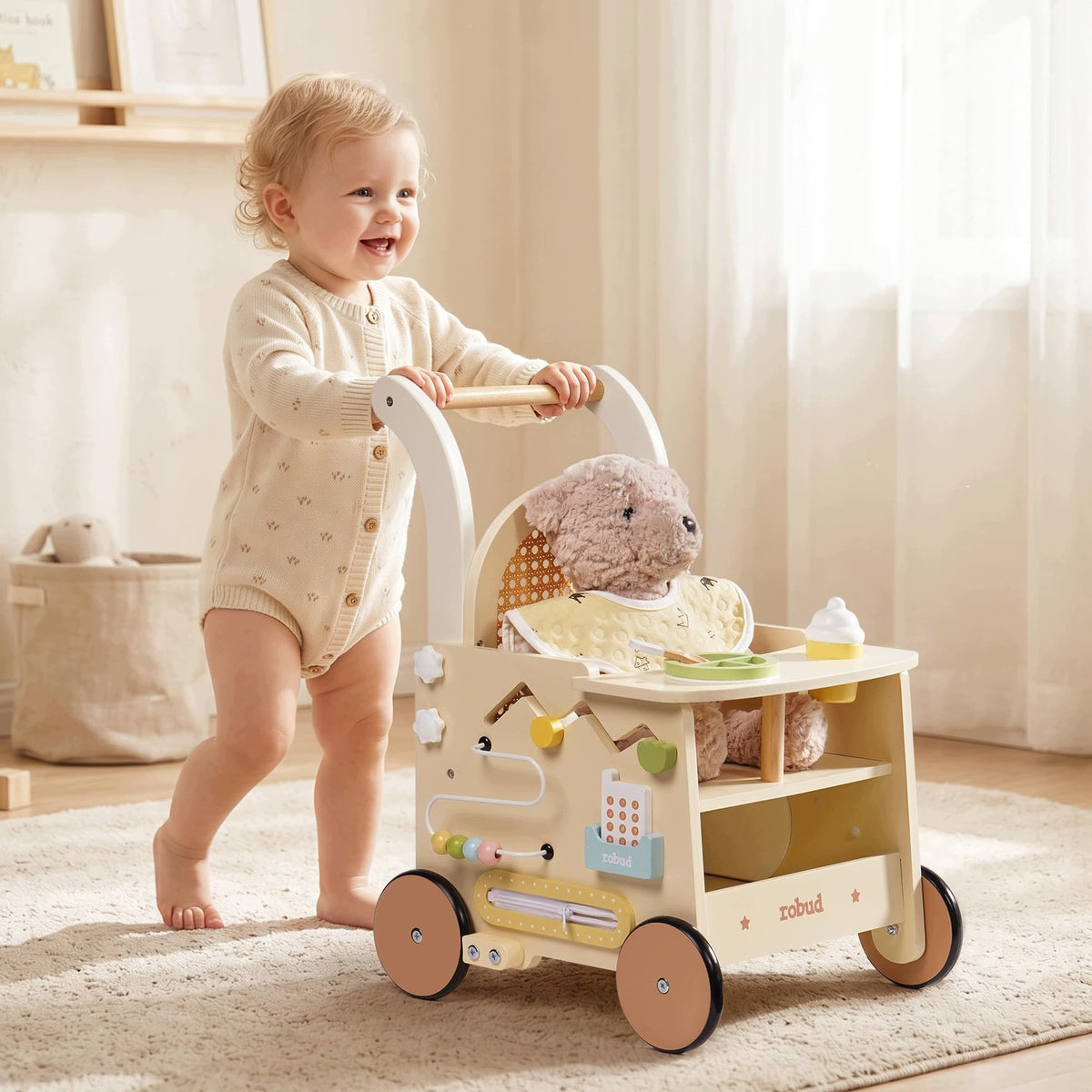 2IN1 WOODEN WALKING LEARNING HELPER WITH MONTESSORI BOARD Brand Robud