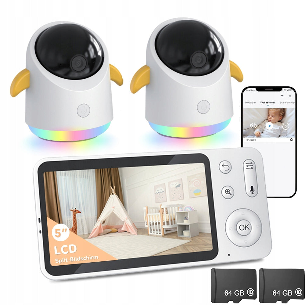 2K BABY MONITOR 2 CAMERA WIFI ZOOM ROTATING 5" LCD LIVE NIGHT MODE