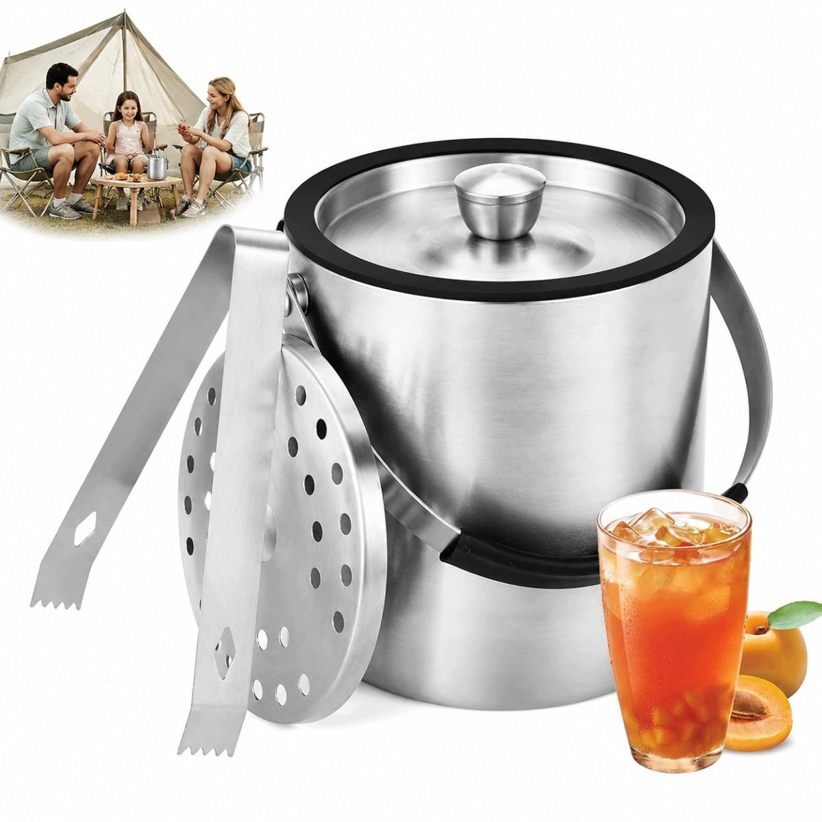2L BUCKET ICE Steel Container with Lid COOLER for Ice + Pliers