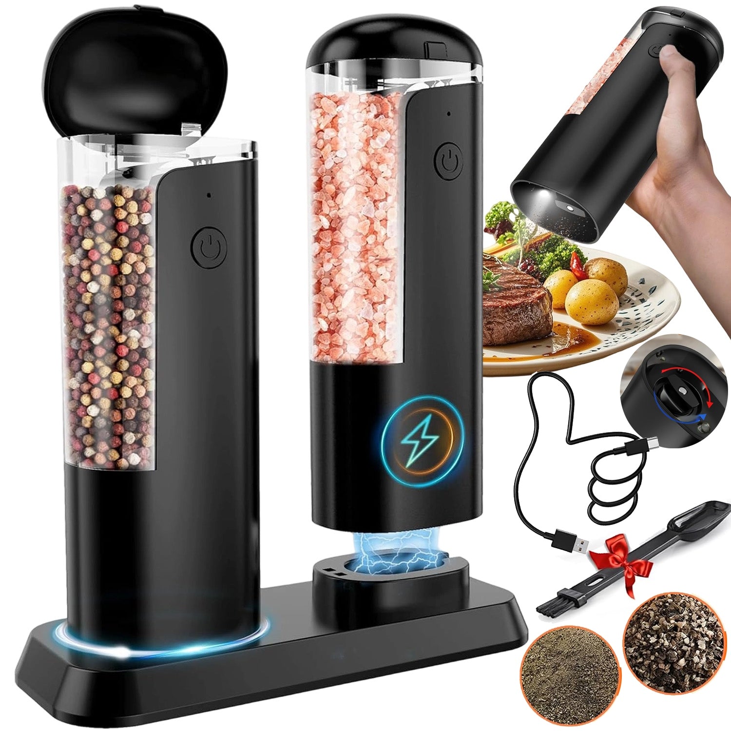 2X ELECTRIC PEPPER AND SALT GRINDER USB CERAMIC BATTERY