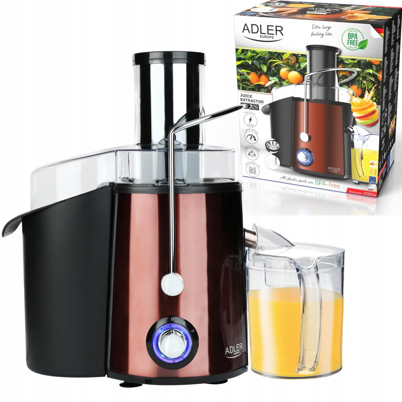 2X HIGH SPEED JUICER 2000W for fruits and vegetables Large opening Brand Adler Europe