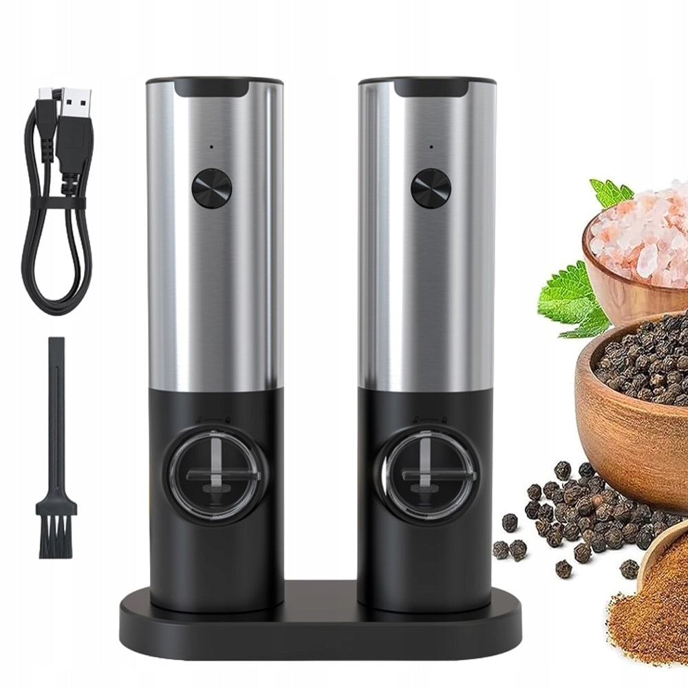 2X STAINLESS STEEL ELECTRIC SALT AND PEPPER GRINDER WITH LED LIGHTING