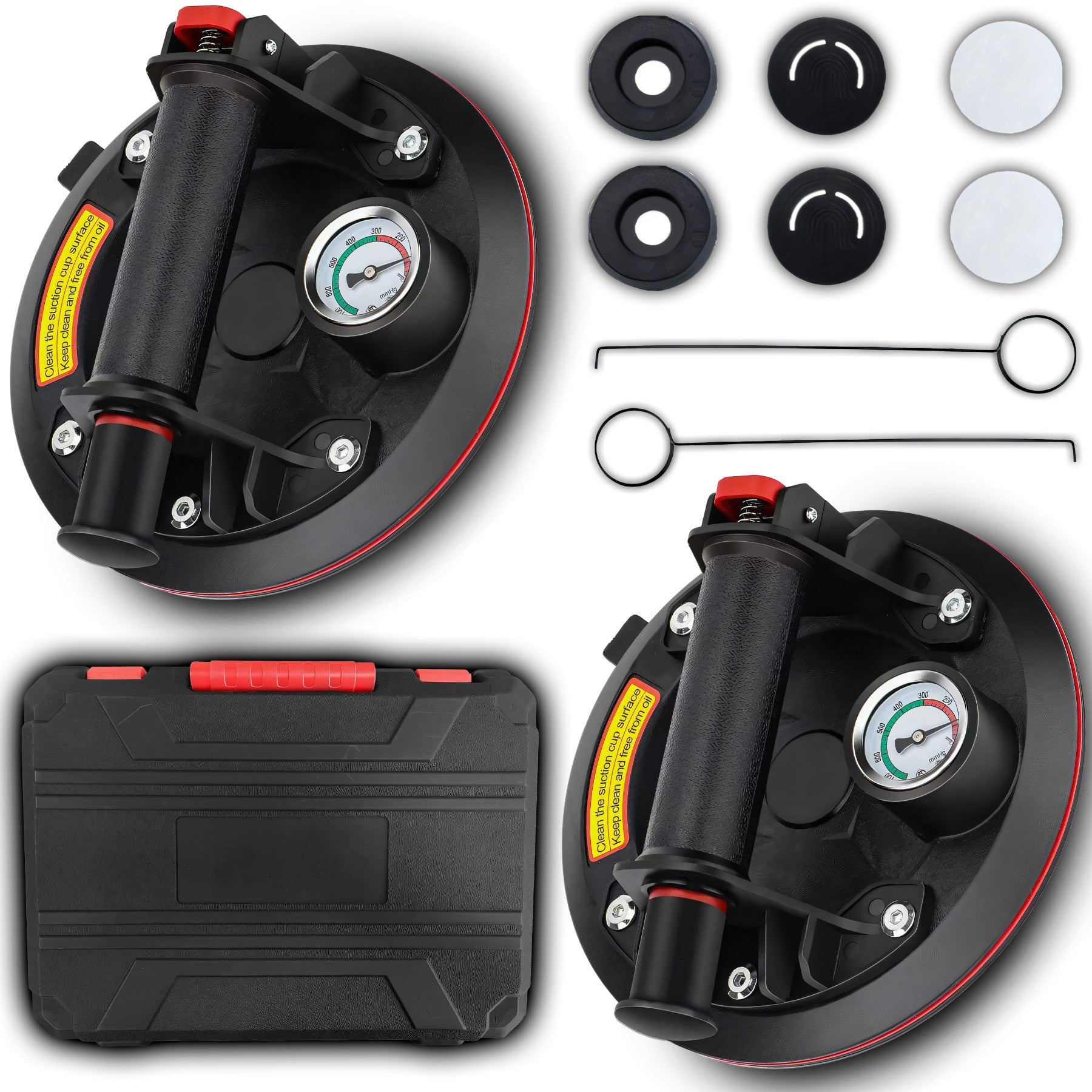 2X SUCTION CUP GLASS GLAZE TILE HOLDER 220KG WITH PUMP AND PRESSURE GAUGE