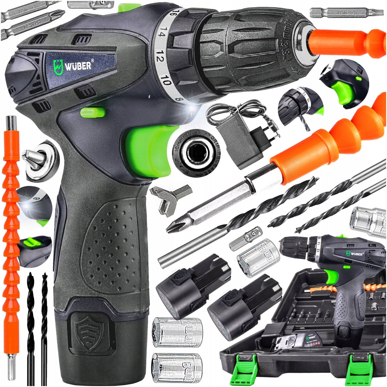 2XAKU CORDLESS DRILL + SUITCASE + BITS + SOCKETS +DRILLS