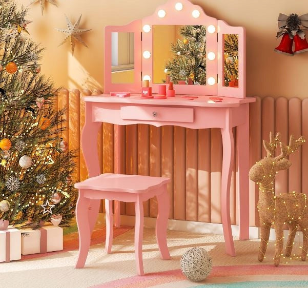 2in1 Children's Dressing Table with LED Lighting Folding Mirror and Drawers Brand Costway