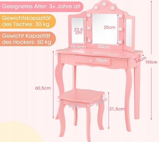 2in1 Children's Dressing Table with LED Lighting Folding Mirror and Drawers Manufacturer code HY10235DE-PI