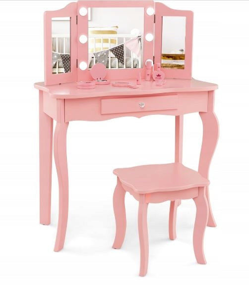 2in1 Children's Dressing Table with LED Lighting Folding Mirror and Drawers