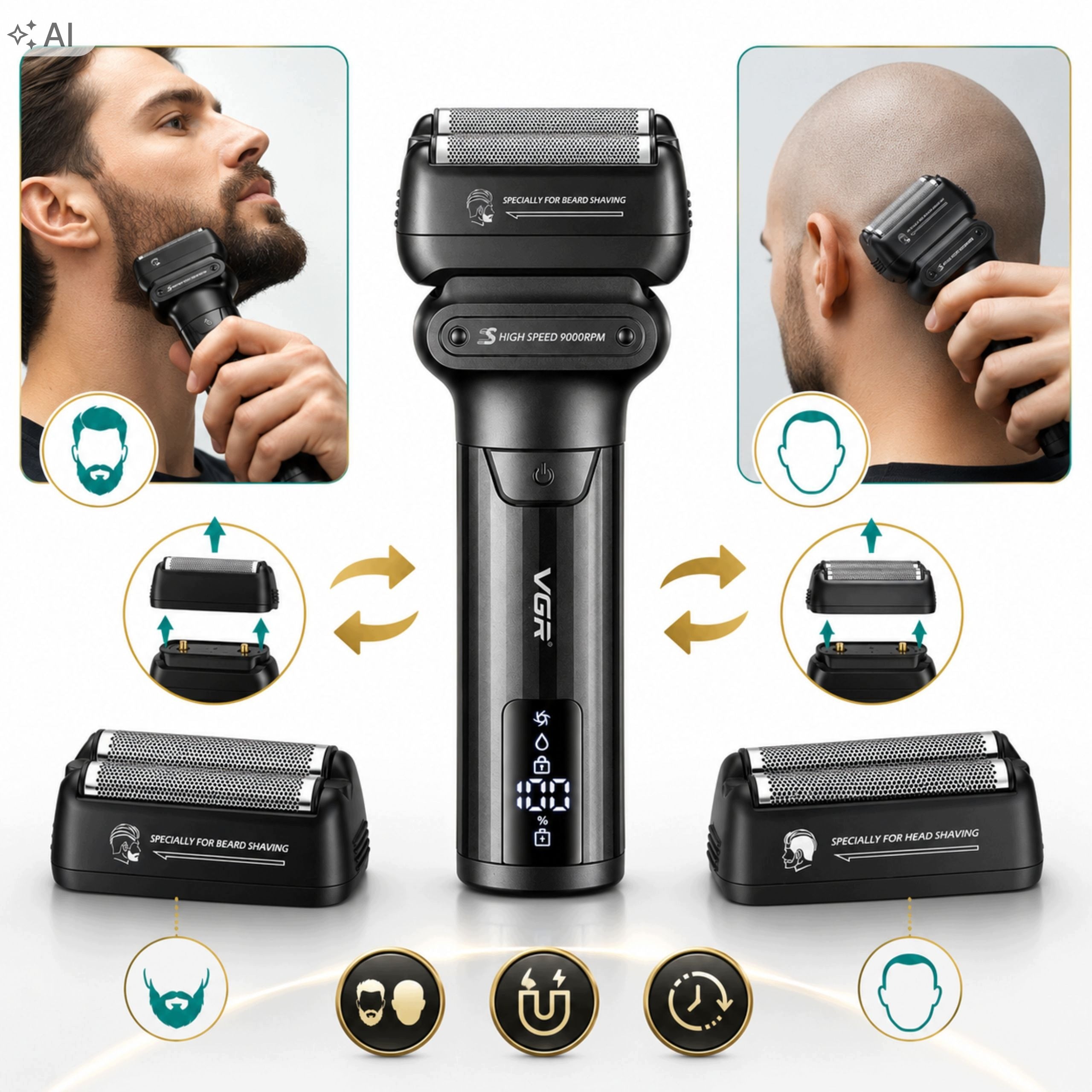 2in1 Men's Foil Shaver For Beard Head Beard Wet and Dry LED Packaging status original