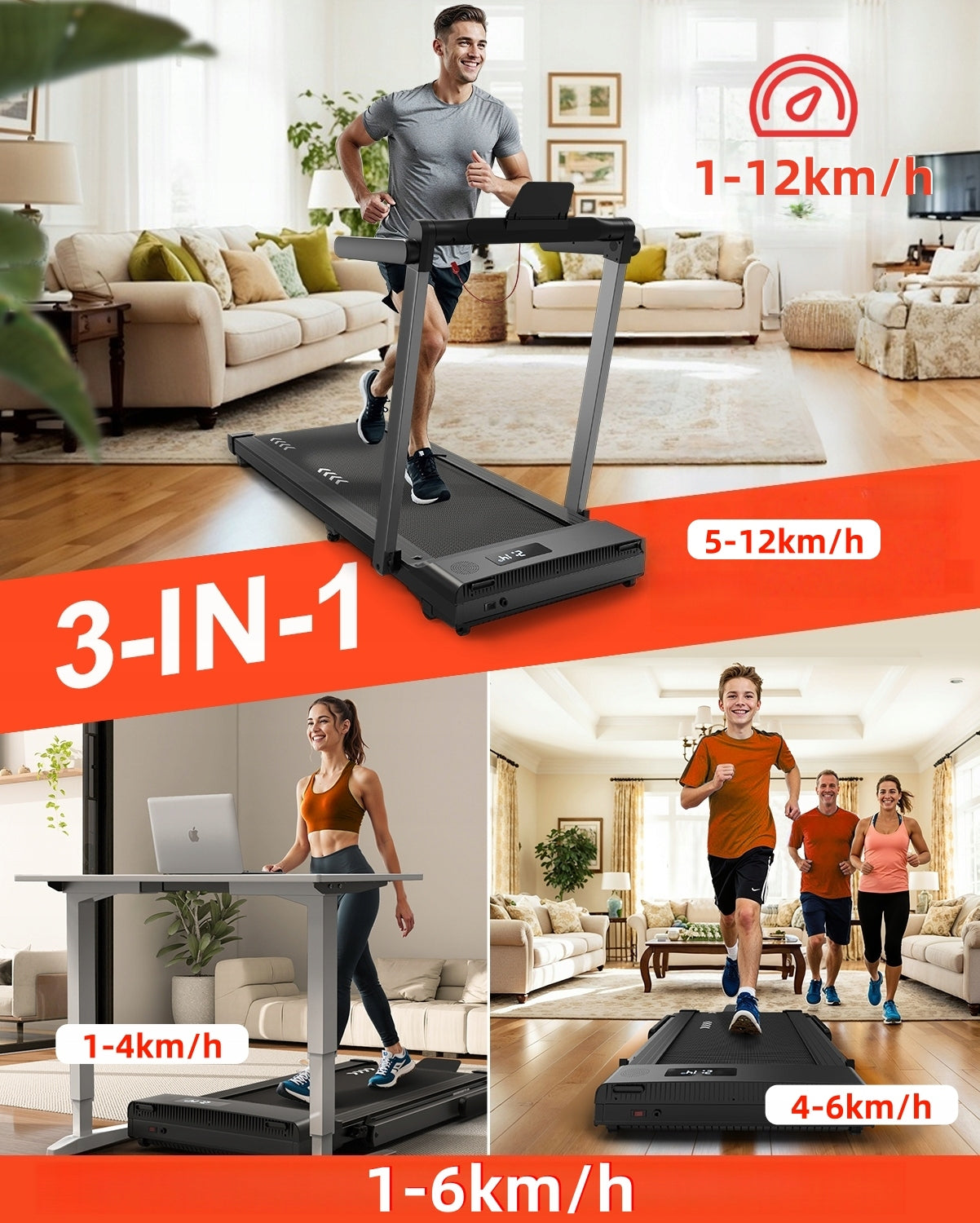 2in1 folding treadmill, 3,75 HP motor, 1-12 km/h speed, stable and durable Brand ORISYN