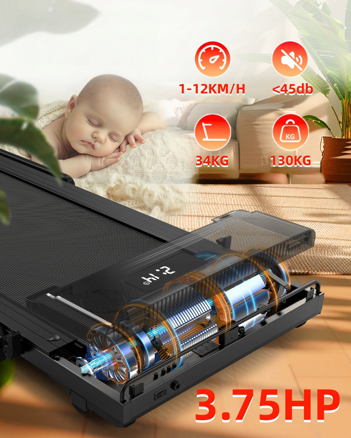 2in1 folding treadmill, 3,75 HP motor, 1-12 km/h speed, stable and durable Manufacturer code 6976909986216