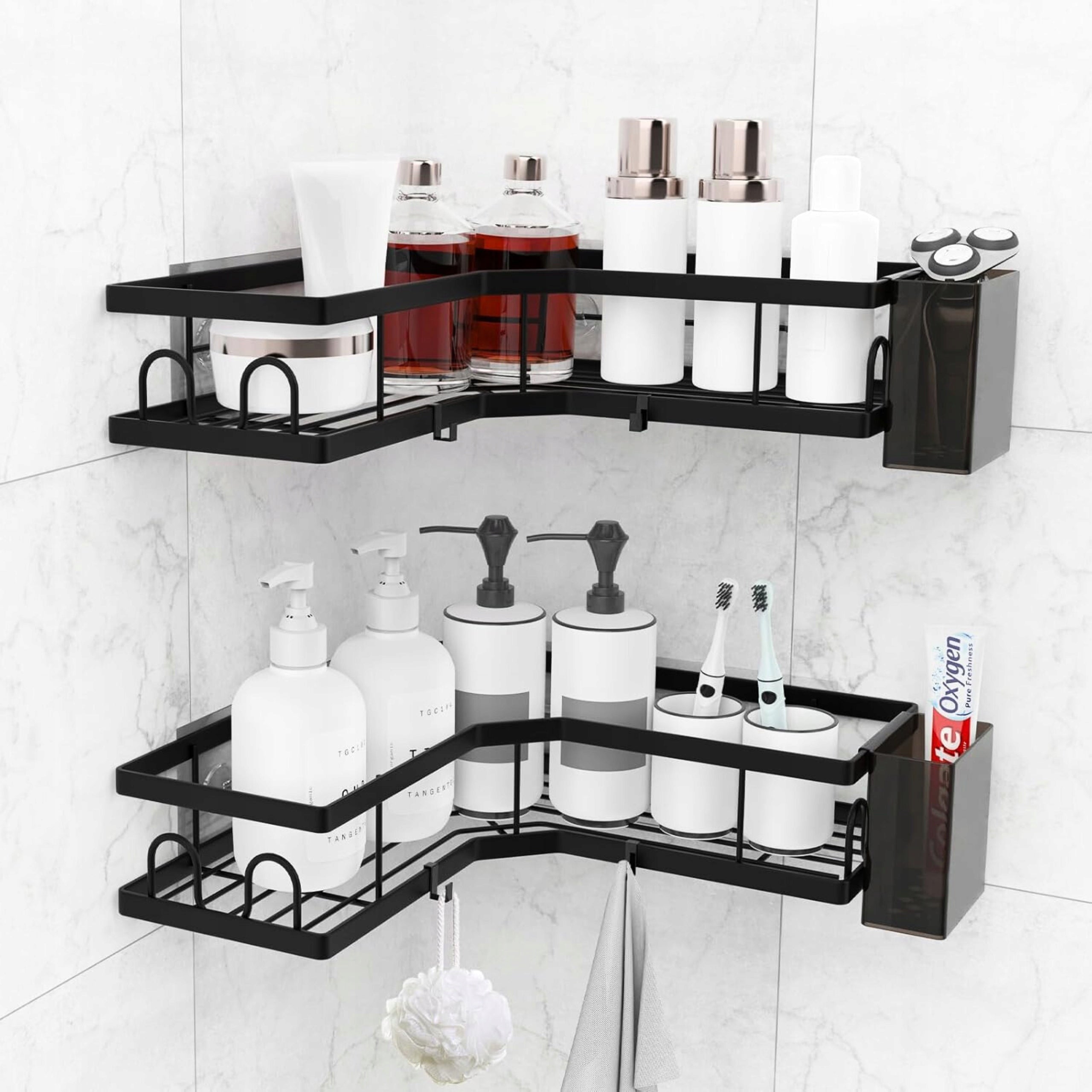 2x BATHROOM SHELF CORNER HANGING SHOWER WITHOUT DRILLING BLACK LOFT