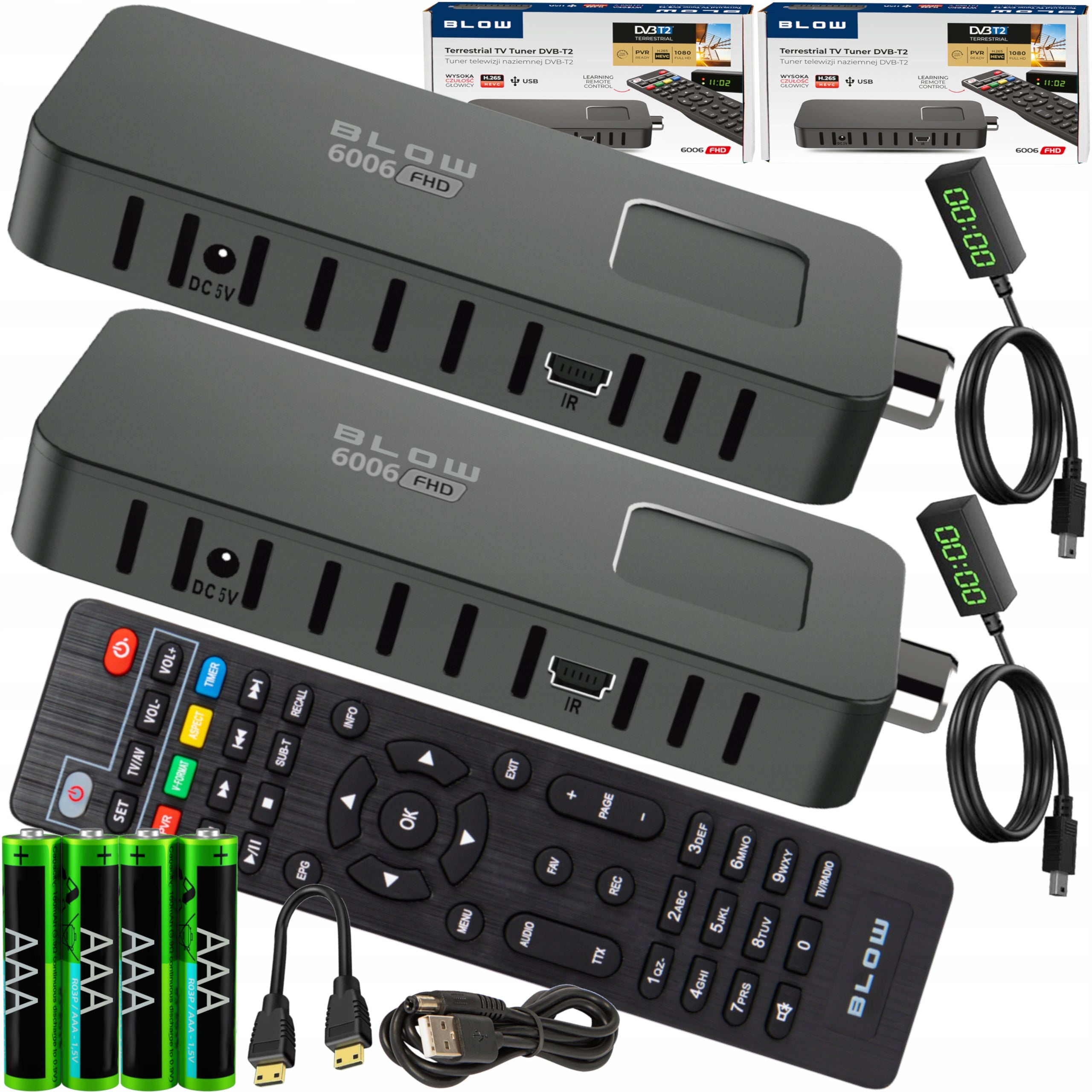 2x DECODER TV TUNER DVB-T2 HEVC H.265 FULL HD MINI STICK REMOTE CONTROL HDMI SET