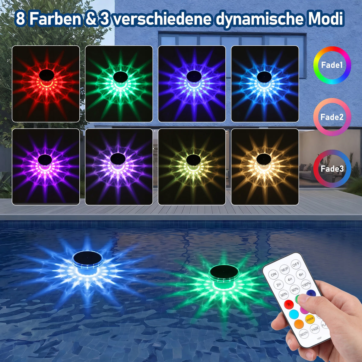 2x Floating pool light, RGB Solar pool light with remote control, IP68 Manufacturer code H-LS00565 Iris