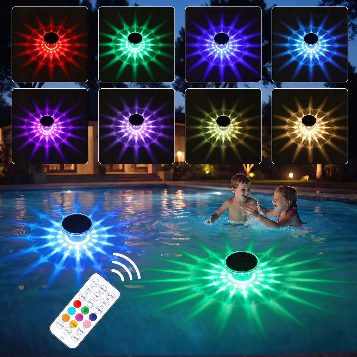 2x Floating pool light, RGB Solar pool light with remote control, IP68 Packaging status original
