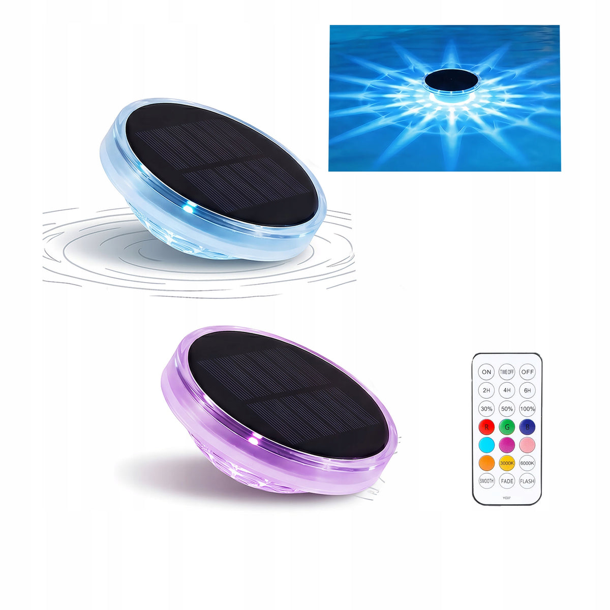 2x Floating pool light, RGB Solar pool light with remote control, IP68