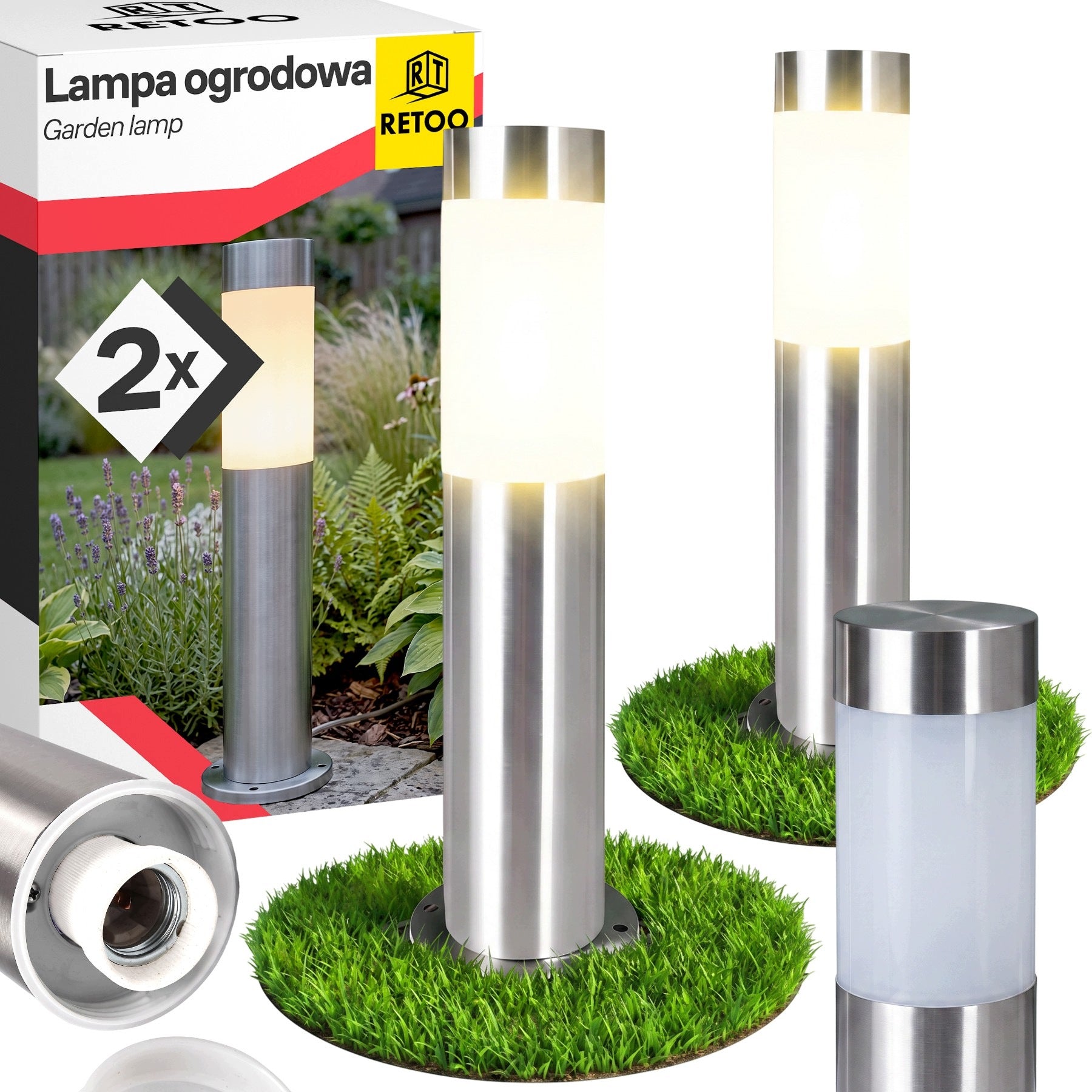 2x GARDEN LAMP LED STANDING POST E27 OUTDOOR 45 CM SILVER