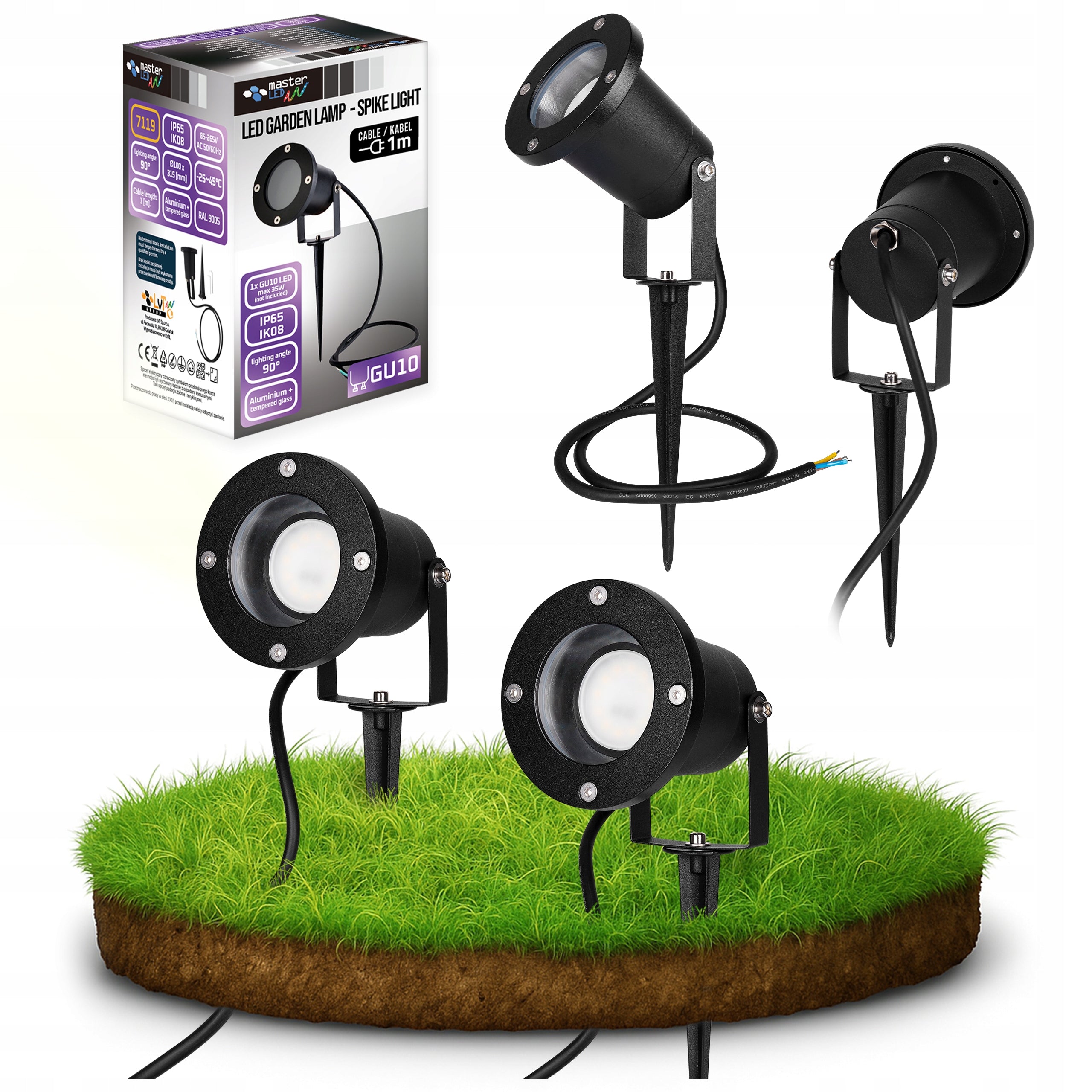 2x Garden Lamp Headlight Driven GU10 For Garden with IP54 Cable Manufacturer code Lampa solarna wbijana Masterled czarna 31 cm