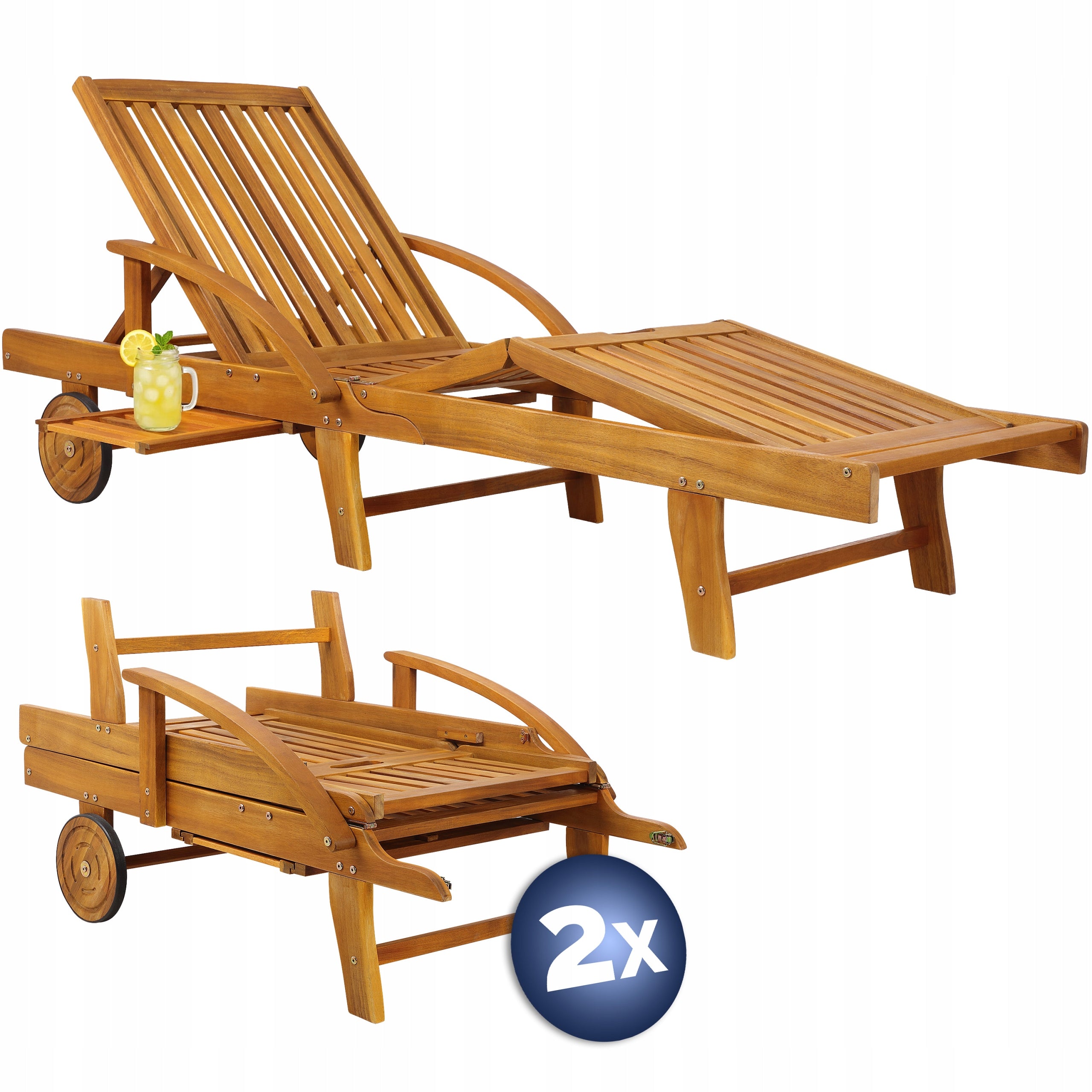 2x Garden Sun Lounger Wooden Acacia Folding