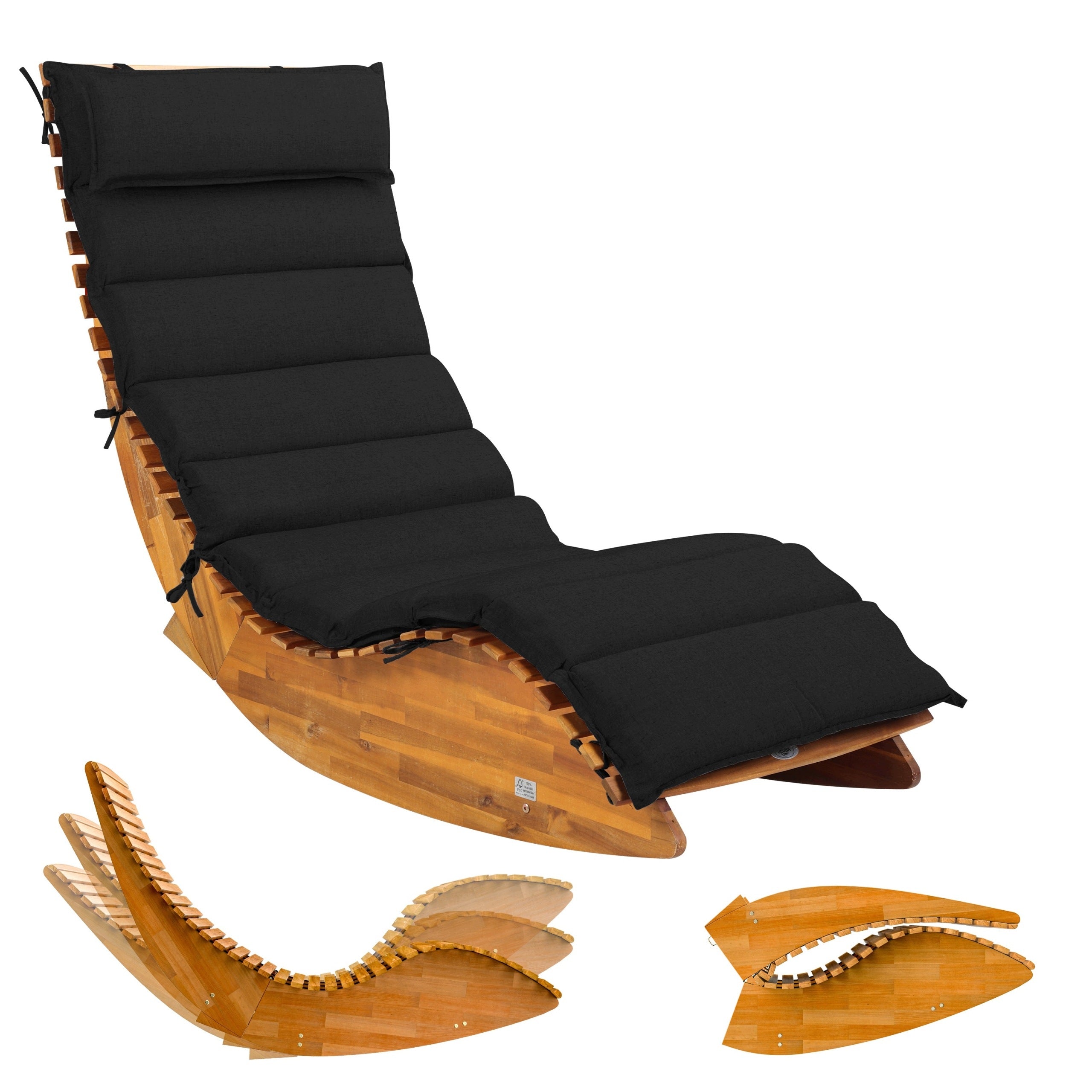 2x Garden Sun Lounger Wooden Folding Rocker Couch Wood Acacia + Pillow Packaging status original