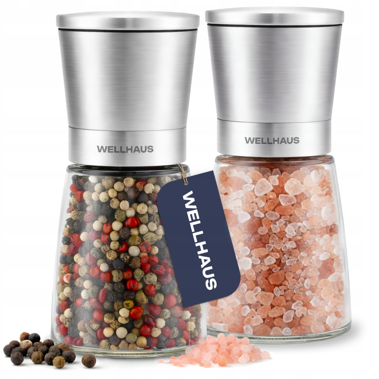 2x HAND GRINDERS FOR SALT PEPPER GLASS SPICES ADJUSTABLE LARGE WELLHAUS