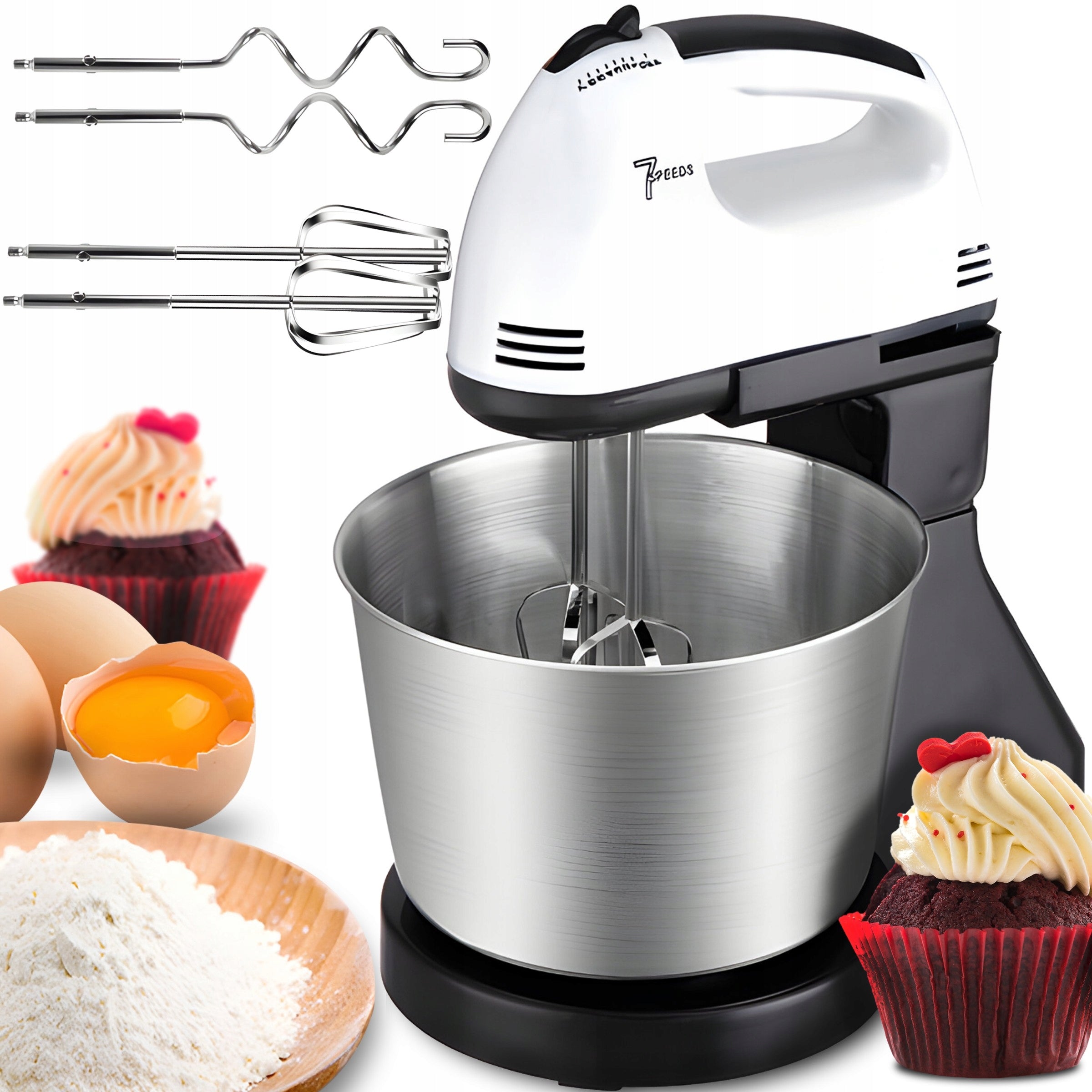 2x Hand Mixer Food Processor With Large Bowl 7 Speeds 4 Tips 450w Dominant color white