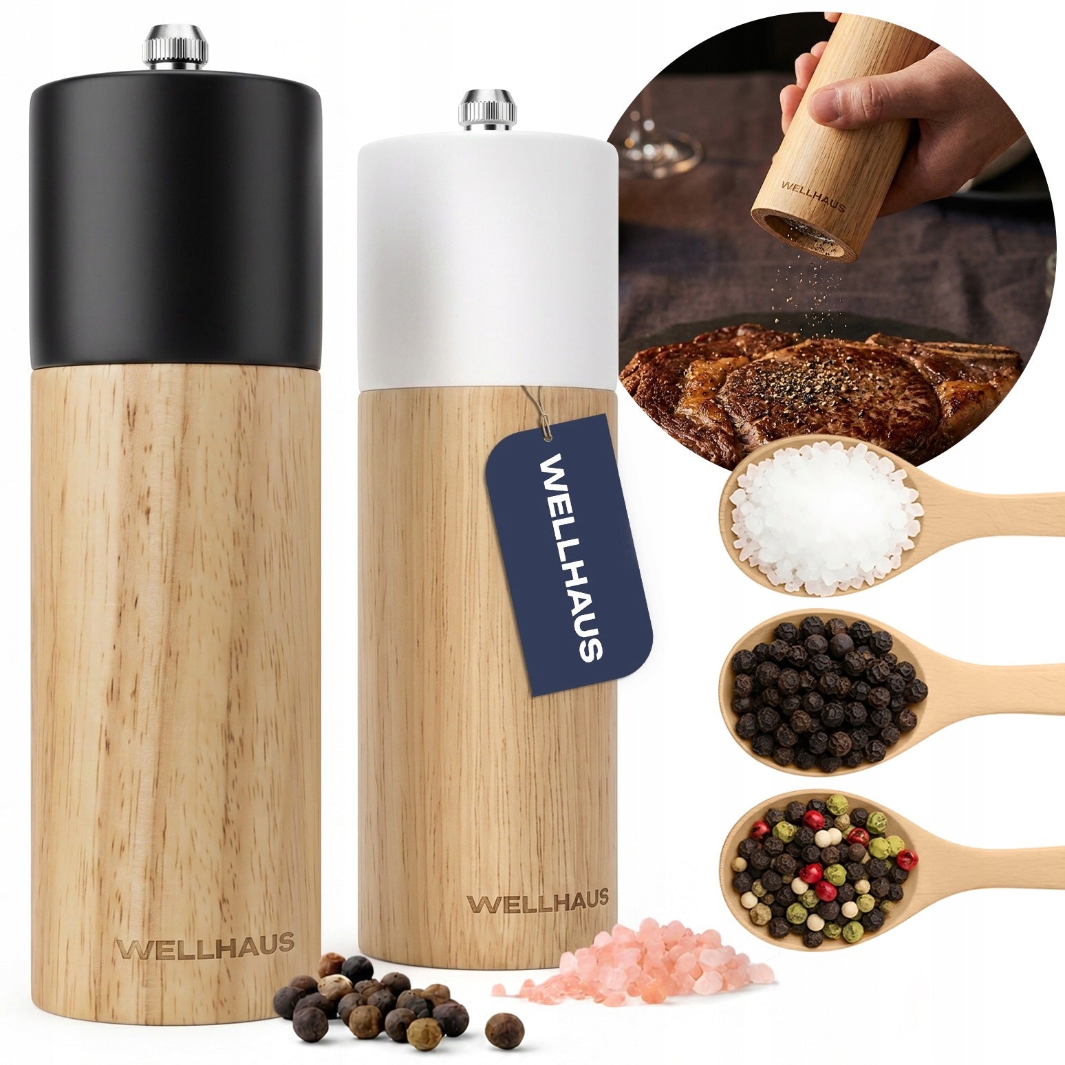 2x MANUAL SALT AND PEPPER GRINDER CERAMIC Wood Grinders - WELLHAUS