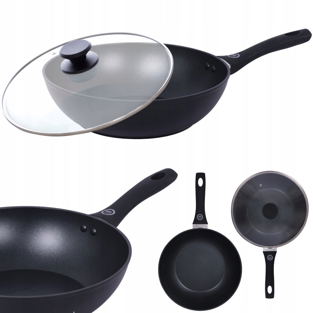 2x Pan Wok Mg Home 28 Cm Black With Lid Nonstick Induction