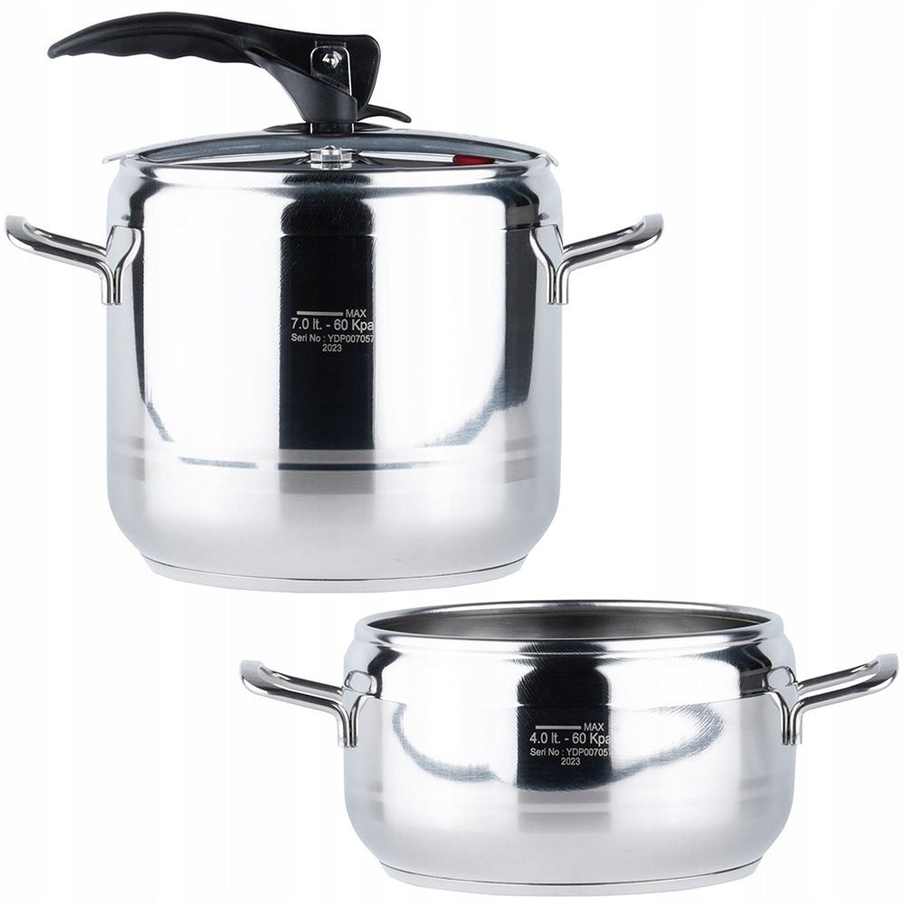 2x Pressure Cooker Orion Profi Steel Pressure Pot Quick Cooking 4+7L Brand Artemis