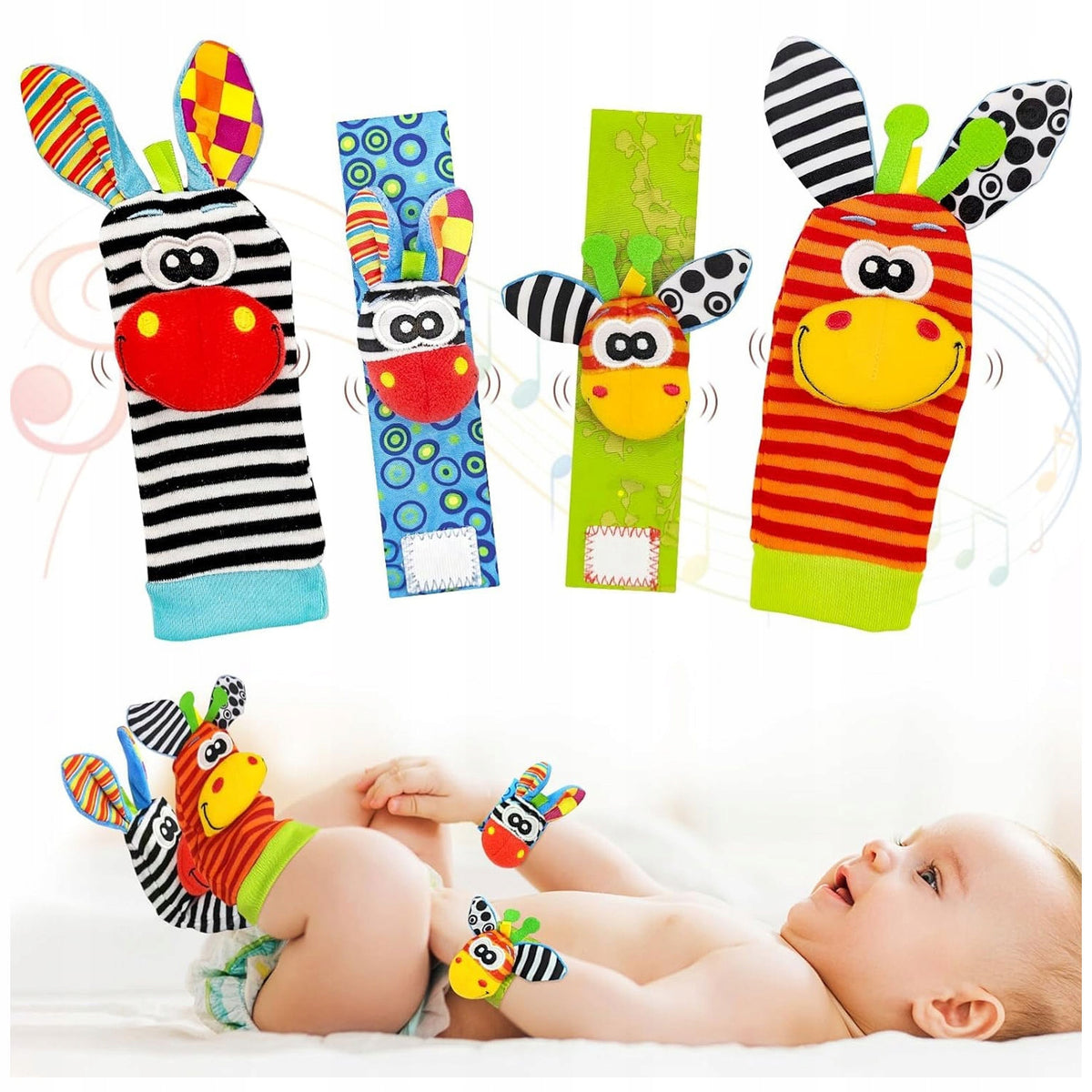 2x SOCKS + 2x 3D RATTLE BANDS SENSORY TOY FOR BABIES