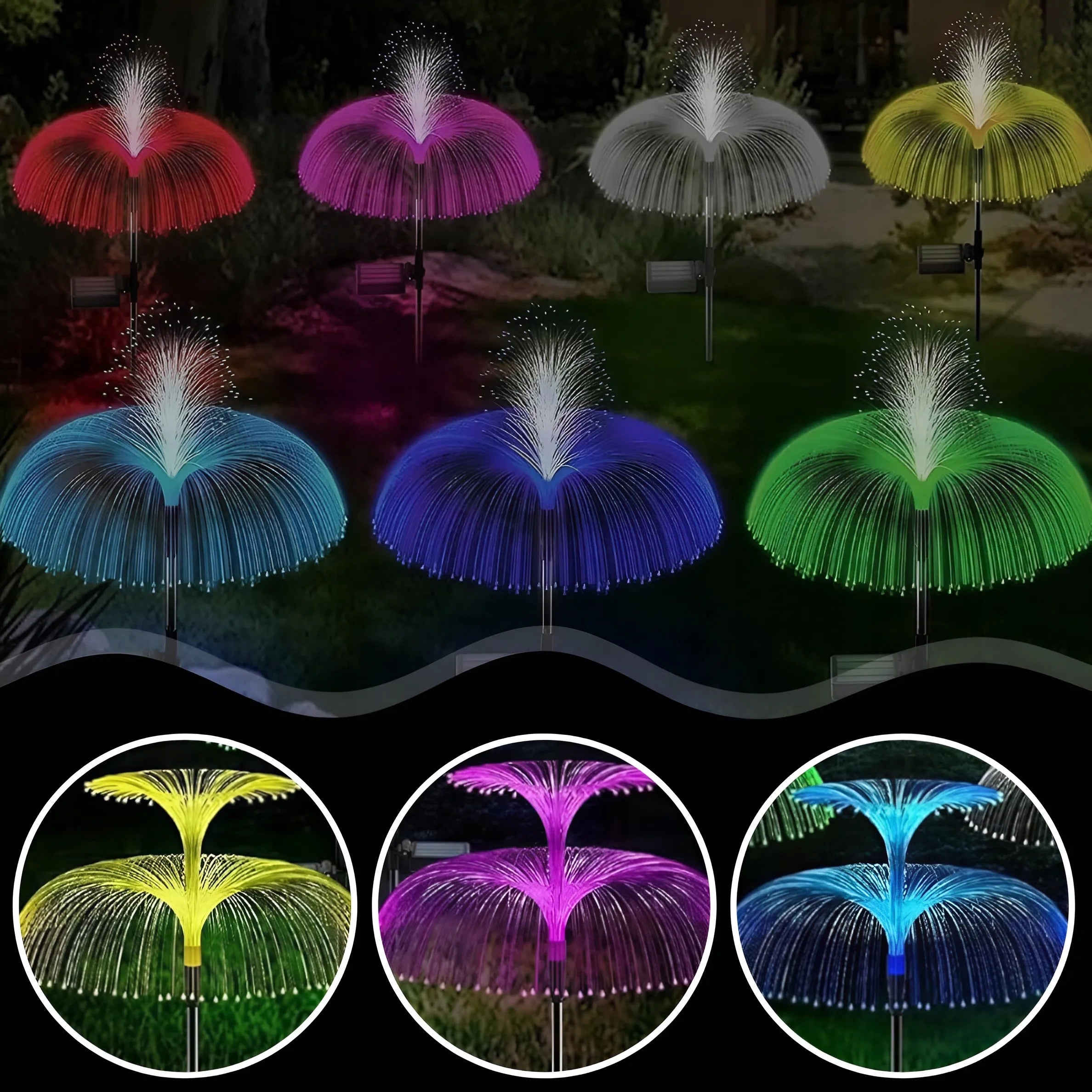 2x SOLAR GARDEN LAMP JELLYFISH HAMMERED WITH SENSOR FIBER OPTIC LAMP Brand MEMFLOW