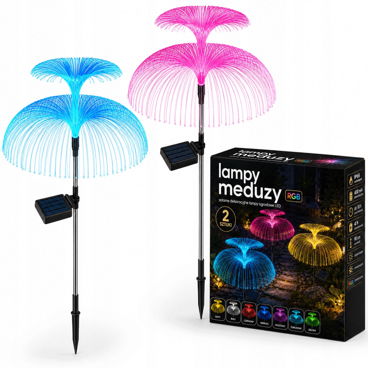 2x SOLAR GARDEN LAMP JELLYFISH HAMMERED WITH SENSOR FIBER OPTIC LAMP