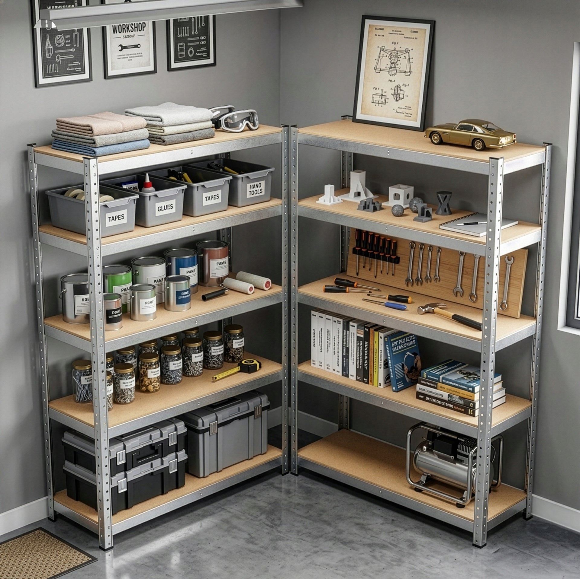 2x STORAGE RACK 180x90x30cm METAL 5 SHELVES MDF WORKSHOP GARAGE Packaging status original