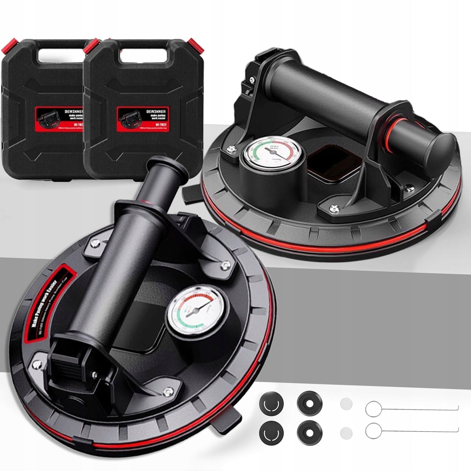 2x SUCTION CUP HOLDER WITH PRESSURE GAUGE PUMP FOR TILE GLAZE 300KG MECHANICAL