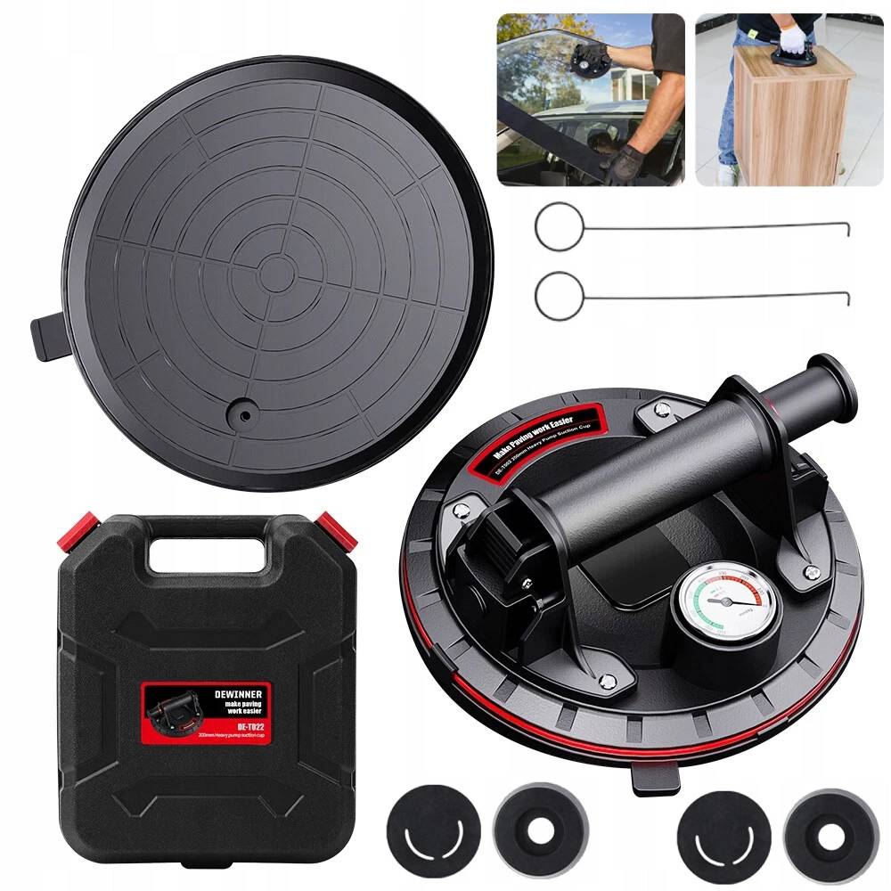 2x SUCTION CUP HOLDER WITH PRESSURE GAUGE PUMP FOR TILE GLAZE 300KG MECHANICAL