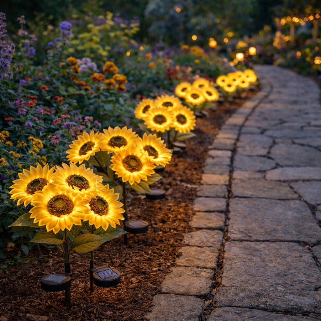2x Solar Lamp Punched LED Sunflower 3-Head Decorative Flower 3000K Color yellow